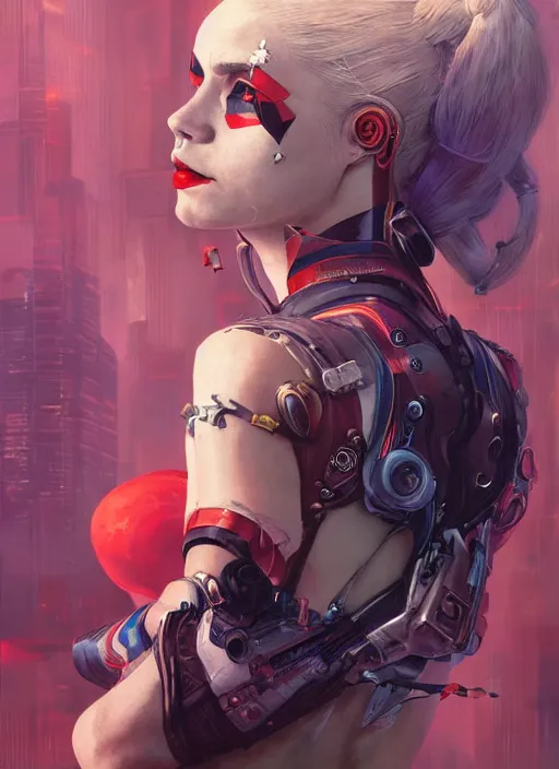 Image similar to a beautiful illustration of cyberpunk harley quinn with pointy ears, intricate, sharp focus, illustration, highly detailed, digital painting, concept art, matte, art by wlop and artgerm and greg rutkowski and alphonse mucha, masterpiece