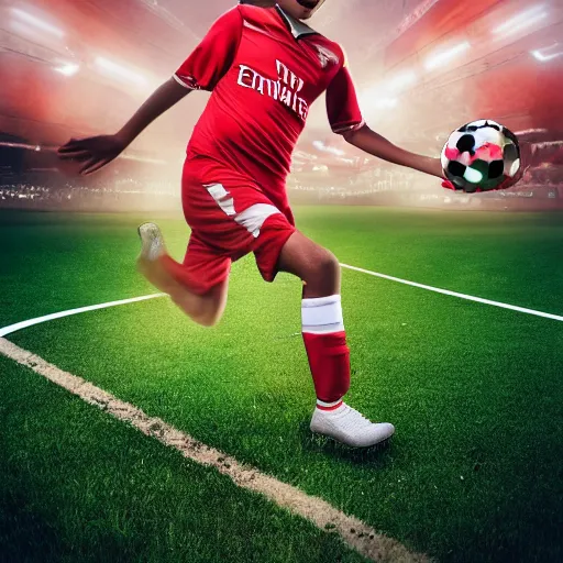 Prompt: a promo portrait of hot dogs in arsenal soccer jerseys playing football, happy,