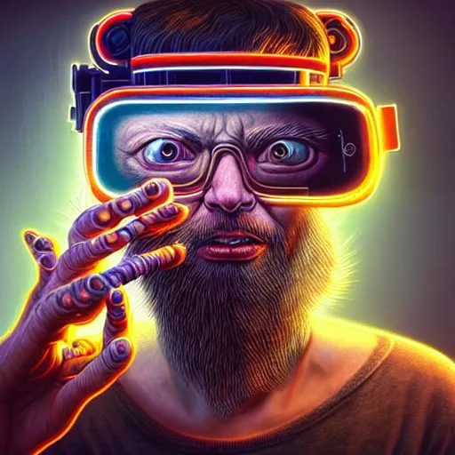 Image similar to Colour Photography of 1000 years old man with highly detailed 1000 years old face wearing higly detailed cyberpunk VR Headset designed by Josan Gonzalez Many details. Man eating higly detailed hot-dog. In style of Josan Gonzalez and Mike Winkelmann andgreg rutkowski and alphonse muchaand Caspar David Friedrich and Stephen Hickman and James Gurney and Hiromasa Ogura. Rendered in Blender