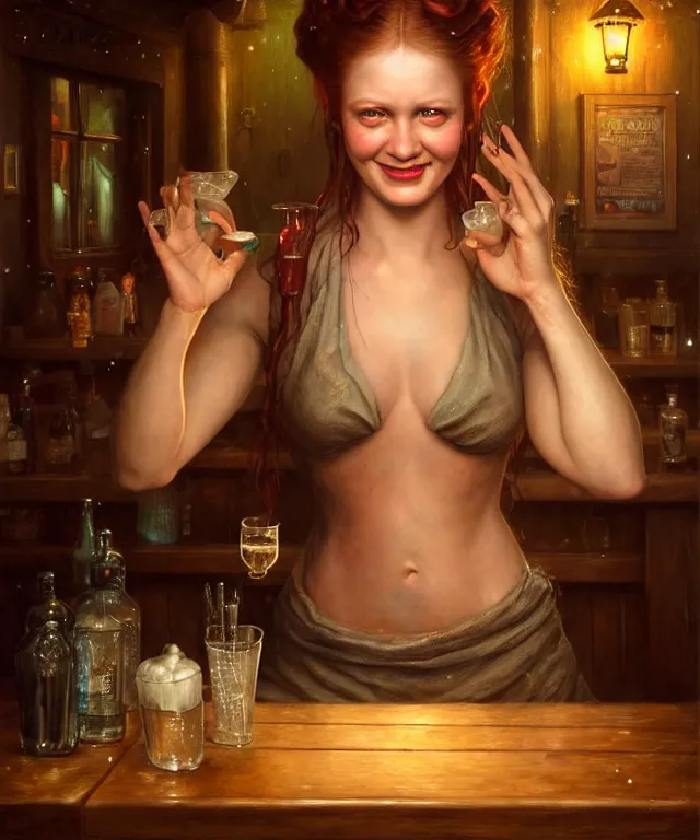 Prompt: hyperrealistic mixed media painting of a beautiful smiling charismatic barmaiden, dimly lit cozy tavern, confident relaxed pose, fantasy, stunning 3d render inspired art by Gerald Brom and Anna Dittmann + perfect facial symmetry + dim volumetric lighting, 8k octane beautifully detailed render, post-processing, extremely hyperdetailed, intricate, epic composition, grim yet sparkling atmosphere, cinematic lighting + masterpiece, trending on artstation, very very detailed, masterpiece, stunning