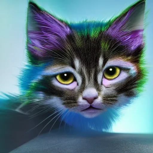 Image similar to full body pose, hyperrealistic photograph of a magic rainbow kitten, dim volumetric lighting, 8 k, octane beautifully detailed render, extremely hyper detailed, intricate, epic composition, cinematic lighting, masterpiece, trending on artstation, very very detailed, stunning, hdr, smooth, sharp focus, high resolution, award, winning photo, dslr, 5 0 mm
