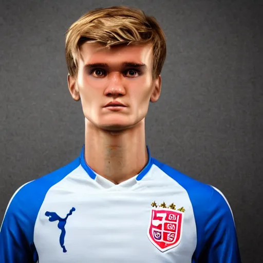 Image similar to a realistic detailed photo of a guy who is an attractive humanoid who is half robot and half humanoid, who is a male android, soccer player martin ødegaard, shiny skin, posing like a statue, blank stare, in a living room, on display