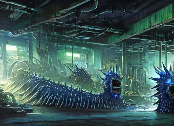 Image similar to scene inside a gas station with harsh fluorescent blue-white-green industrial lighting, giant monstrous aggressive spiked creature screaming at the camera, spikes like needles, needles, thin spikes, epic science fiction horror digital matte painting by Steve Henderson and Mark Brooks (and Greg Rutkowski), extremely detailed, artstation