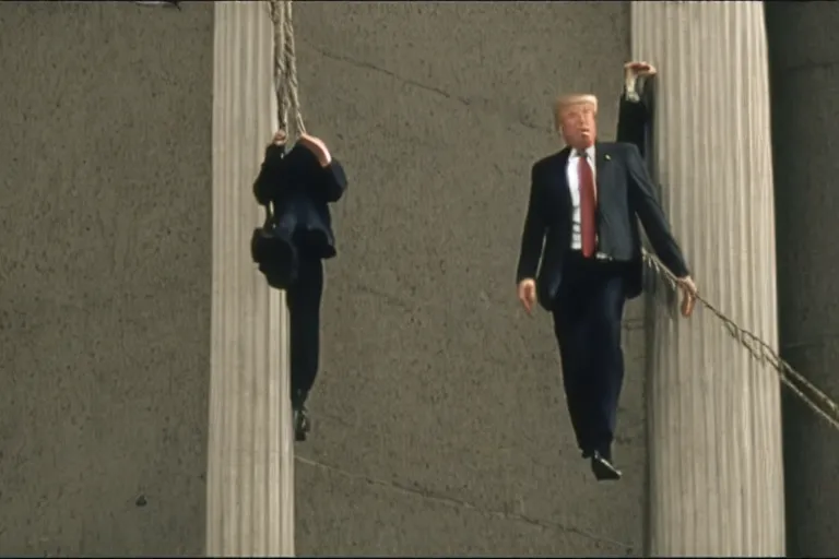 Prompt: movie still of spy donald trump as tom cruise in mission impossible hanging from a cable