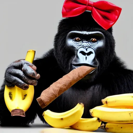 Image similar to gorilla with a bow tie and bowl hat smoking a big cuban cigar while holding 3 bananas