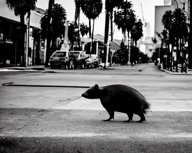 Image similar to a capybara walking in the streets of los angeles, street photography, black and white