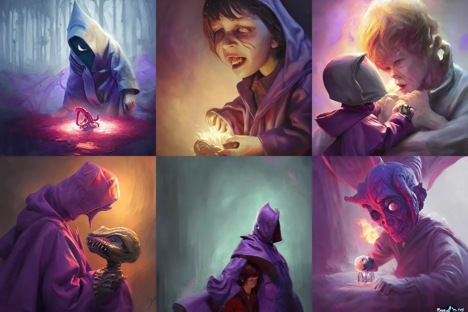Image similar to Little nightmares, purple raincoat, fiery eyes, cuddling the demogorgon, painted by raymond swanland