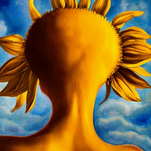 Image similar to closeup, giant sunflower head, woman standing in a luxury apartment, surreal, dramatic light, impressionist painting, digital painting, artstation, georgia o'keeffe