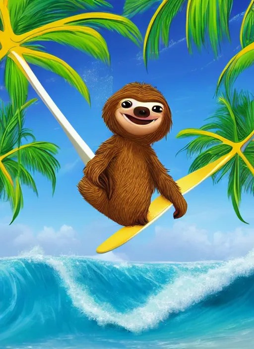 Image similar to disney pixar animation of a sloth riding a surfboard in tropical background waves palm trees, sandy beach