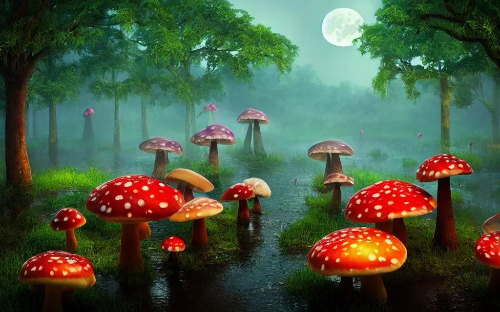 Image similar to a misty swamp with many colorful giant mushrooms, at night, fireflies!, full moon!, many trees!, beautiful lighting, fantasy colors, vivid colors!, highly detailed, octane render, 4 k, trending on artstation