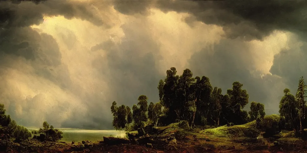 Image similar to an immense storm fills the sky, the ground shatters cataclysmicly, Ivan Shishkin and John Martin