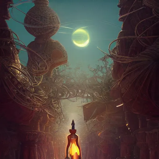 Image similar to highly detailed portrait of an african egyptian goddess, intricate alien technology, stephen bliss, unreal engine, fantasy art by greg rutkowski, loish, rhads, ferdinand knab, makoto shinkai and lois van baarle, ilya kuvshinov, rossdraws, tom bagshaw, global illumination, radiant light, detailed and intricate environment