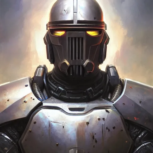 Image similar to the doomslayer as a realistic scifi cyberpunk knight, closeup portrait art by donato giancola and greg rutkowski, vintage retro scifi, realistic face, digital art, trending on artstation, symmetry!!!