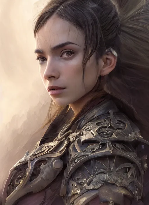 Image similar to a professional portrait of a beautiful young female, clothed in ethereal battle armor, olive skin, long dark hair, beautiful bone structure, symmetrical facial features, intricate, elegant, digital painting, concept art, smooth, sharp focus, finely detailed, illustration, from Valerian and the City of a Thousand Planets, in the style of Ruan Jia and Mandy Jurgens and Artgerm and Greg Rutkowski and William-Adolphe Bouguerea