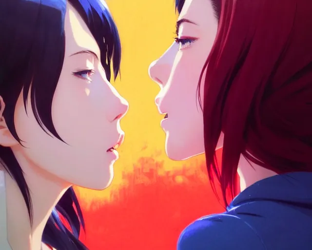 Image similar to two girls kissing | very very anime!!!, fine - face, audrey plaza, realistic shaded perfect face, fine details. anime. realistic shaded lighting poster by ilya kuvshinov katsuhiro otomo ghost - in - the - shell, magali villeneuve, artgerm, jeremy lipkin and michael garmash and rob rey