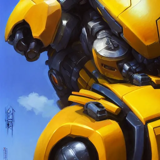 Image similar to greg manchess portrait painting of bumblebee the transformer as overwatch character, medium shot, asymmetrical, profile picture, organic painting, sunny day, matte painting, bold shapes, hard edges, street art, trending on artstation, by huang guangjian, gil elvgren, ruan jia, greg rutkowski, gaston bussiere