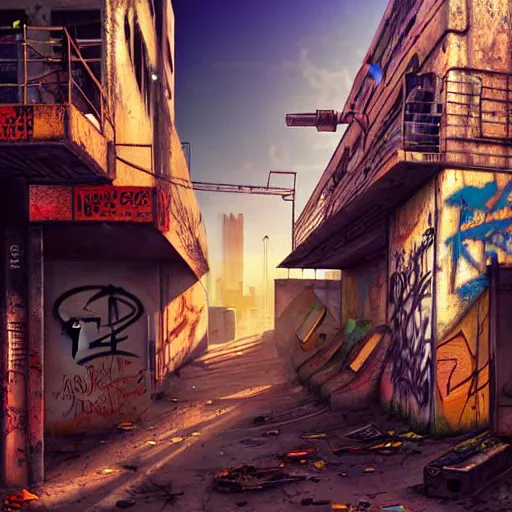 Image similar to graffiti on a wall in a run down building, happy mood, cyberpunk, high detail, golden light, realistic