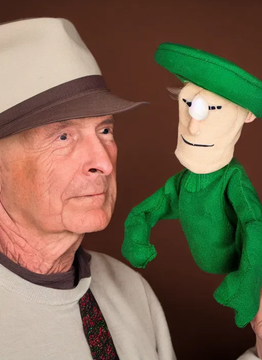 Image similar to portrait photo still of real life mr garrison with mr hat puppet, 8 k, 8 5 mm, f. 1 4