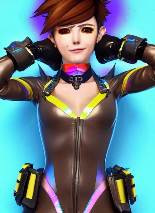 Prompt: portrait bust digital artwork of tracer overwatch, wearing iridescent rainbow latex and leather straps catsuit outfit, expressive happy face, makeup, in style of mark arian, angel wings, wearing detailed leather collar, chains, black leather harness, detailed face and eyes,