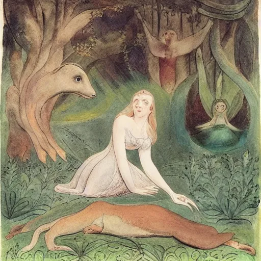 Prompt: by william blake harrowing. a beautiful installation art of princess aurora singing in the woods while surrounded by animals. she looks so peaceful & content in the company of the animals, & the colors are simply gorgeous.