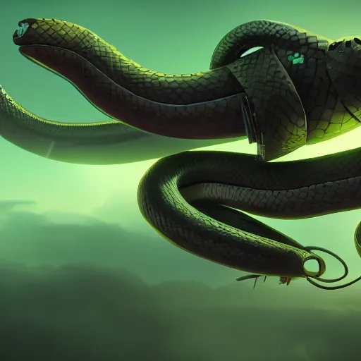 Prompt: concept art of gigantic snake robot flying through an ethereal green sky, fighting a mehcanical kangaroo, 4 k, trending on artstation, 8 k