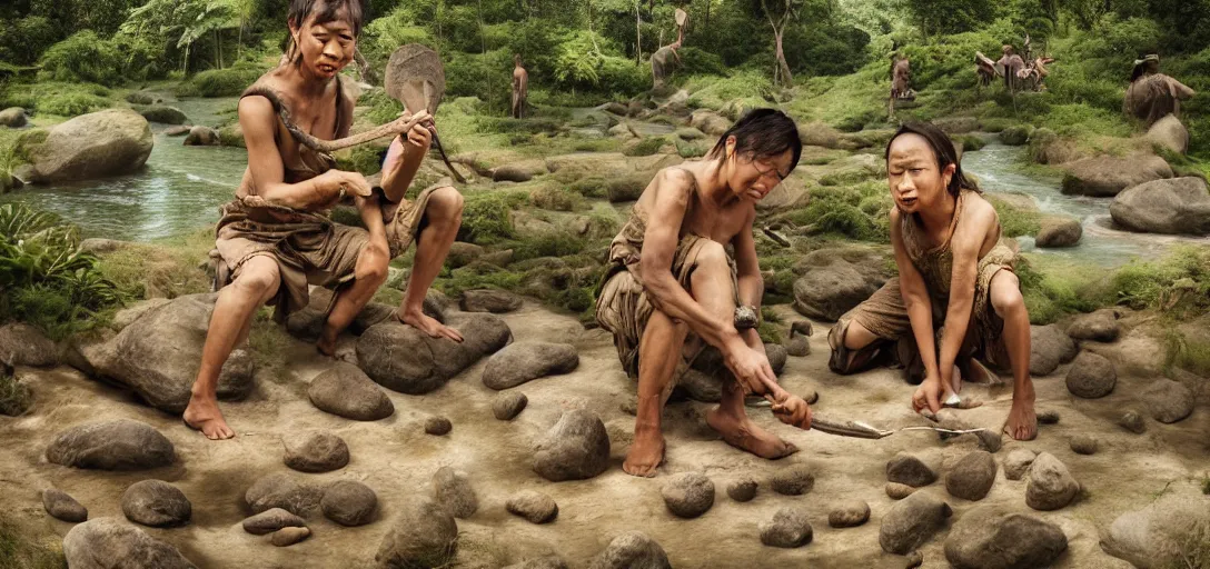 Prompt: asian prehistoric people, asemble at the river bank, make stone adze from pebble at the river bank in the rainforest, high qulity realistic face, hyper - realistic, highly detailed, 8 k, cinematic lighting, global illumination, elegant, ornate, super detail, the light is dim, and the colours are muted. kodak etkar 1 0 0