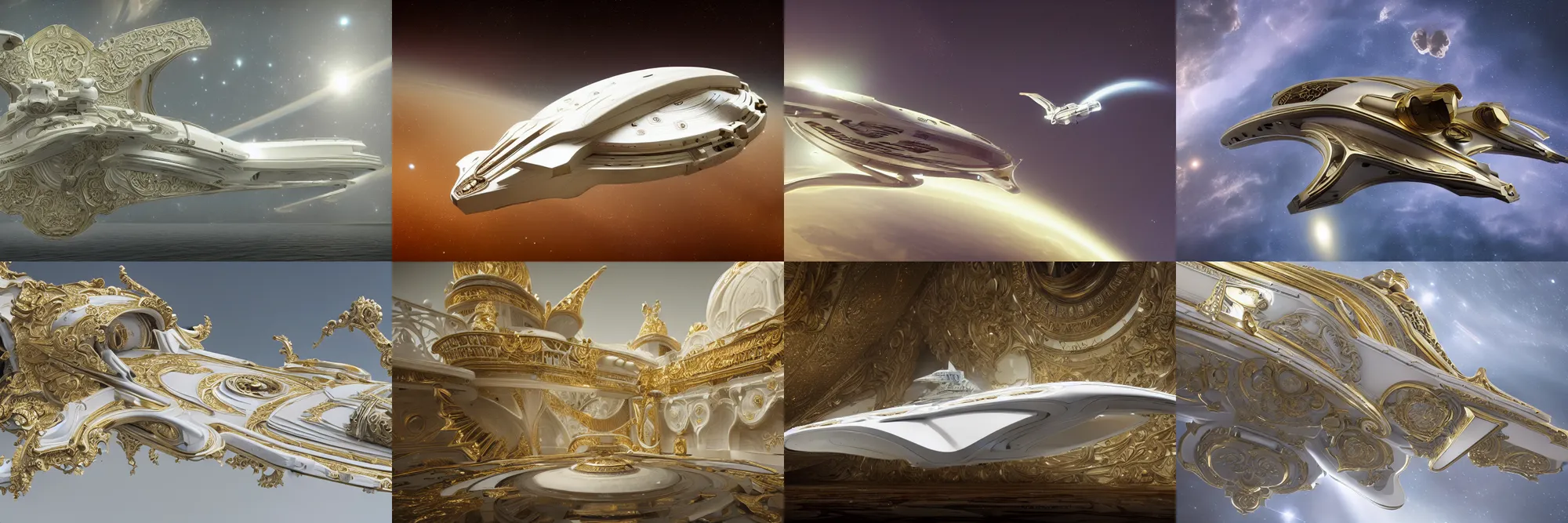 Prompt: exterior shot of the gleaming hull of a starship drifting through space, made of white ivory with detailed gold baroque ornamentation and filigree, trending on ArtStation, very detailed, octane render, Greg Rutgowski, Jodorwoski's Dune, David Lynch, postmodernist baroque industrial design, 4K, French Nouveau, gothic baroque space ship