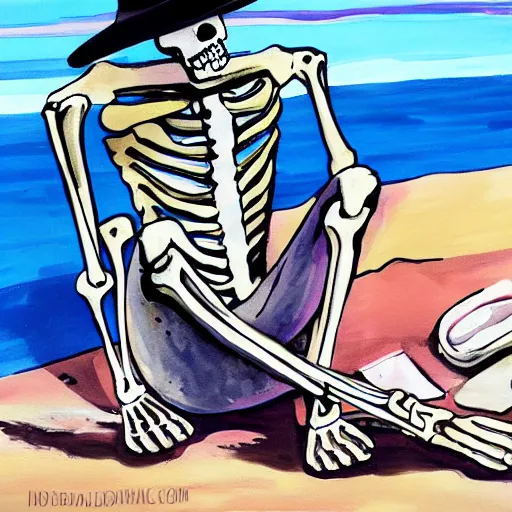 Prompt: painting of a skeleton wearing summer clothes, sitting on the curb at a beach, drinking beer and enjoying life