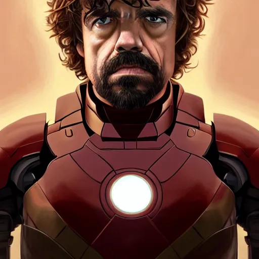 Image similar to handsome Peter Dinklage in an Iron Man suit, western, D&D, fantasy, intricate, elegant, highly detailed, digital painting, artstation, concept art, matte, sharp focus, illustration, art by Artgerm and Greg Rutkowski and Alphonse Mucha