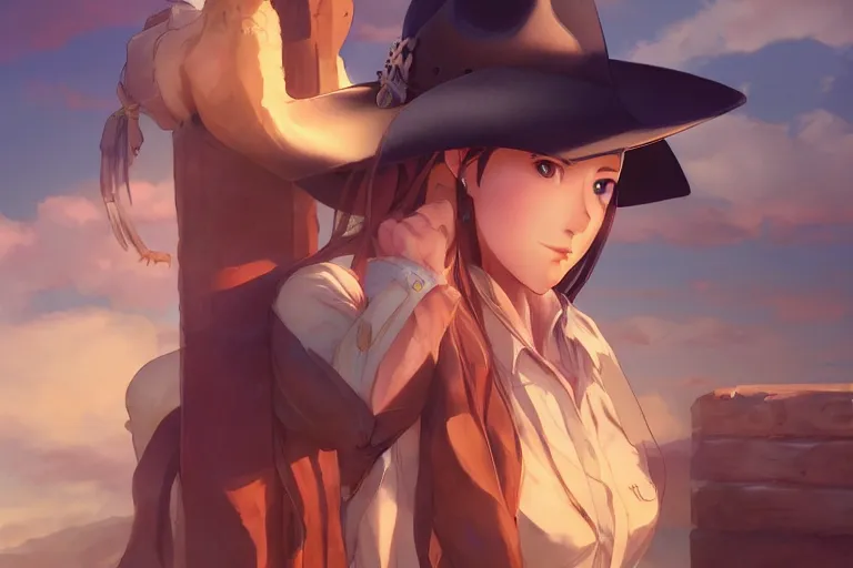 Image similar to cowgirl western girlfriend, scenic full shot, ambient lighting, detailed face, by makoto shinkai, stanley artgerm lau, wlop, rossdraws