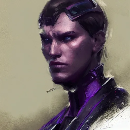 Image similar to concept art of a portrait by greg rutkowski, a soldier of the eternal empire wearing purple and black tactical gear, star wars expanded universe, smooth, sharp focus, artstation hq.