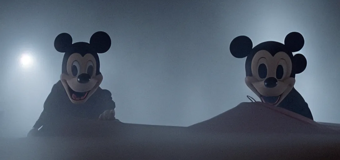 Image similar to prince of darkness as mickey mouse waking from his coffin, foggy, cinematic shot, photo still from movie by denis villeneuve, wayne barlowe