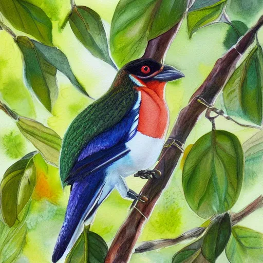 Prompt: A realistic painting of a Trogon in a wild avocado tree, watercolour, pastel colours