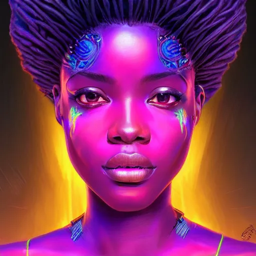 Image similar to african neon goddess, science fiction, highly detailed, digital painting, beautiful eyes, symmetry, concept art, sharp focus, illustration, global illumination, radiant light, synthwave colors, detailed and intricate environment, art by artgerm and greg rutkowski and magali villeneuve and ilya kuvshinov!