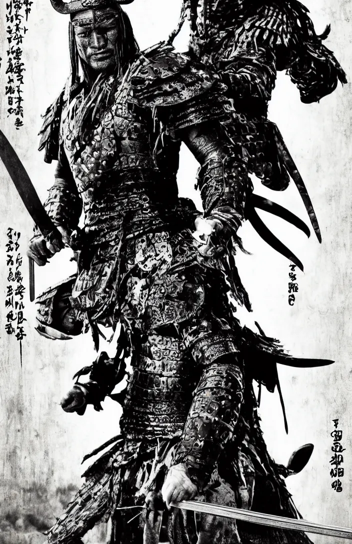 Image similar to movie film poster art for samurai vs predator film shot in feudal japan staring hiroyuki sanada as a disgraced ronin who hunts down the predator after he fails to protect his master from it. in the style of ansel adams, frank frazzetta, warcraft