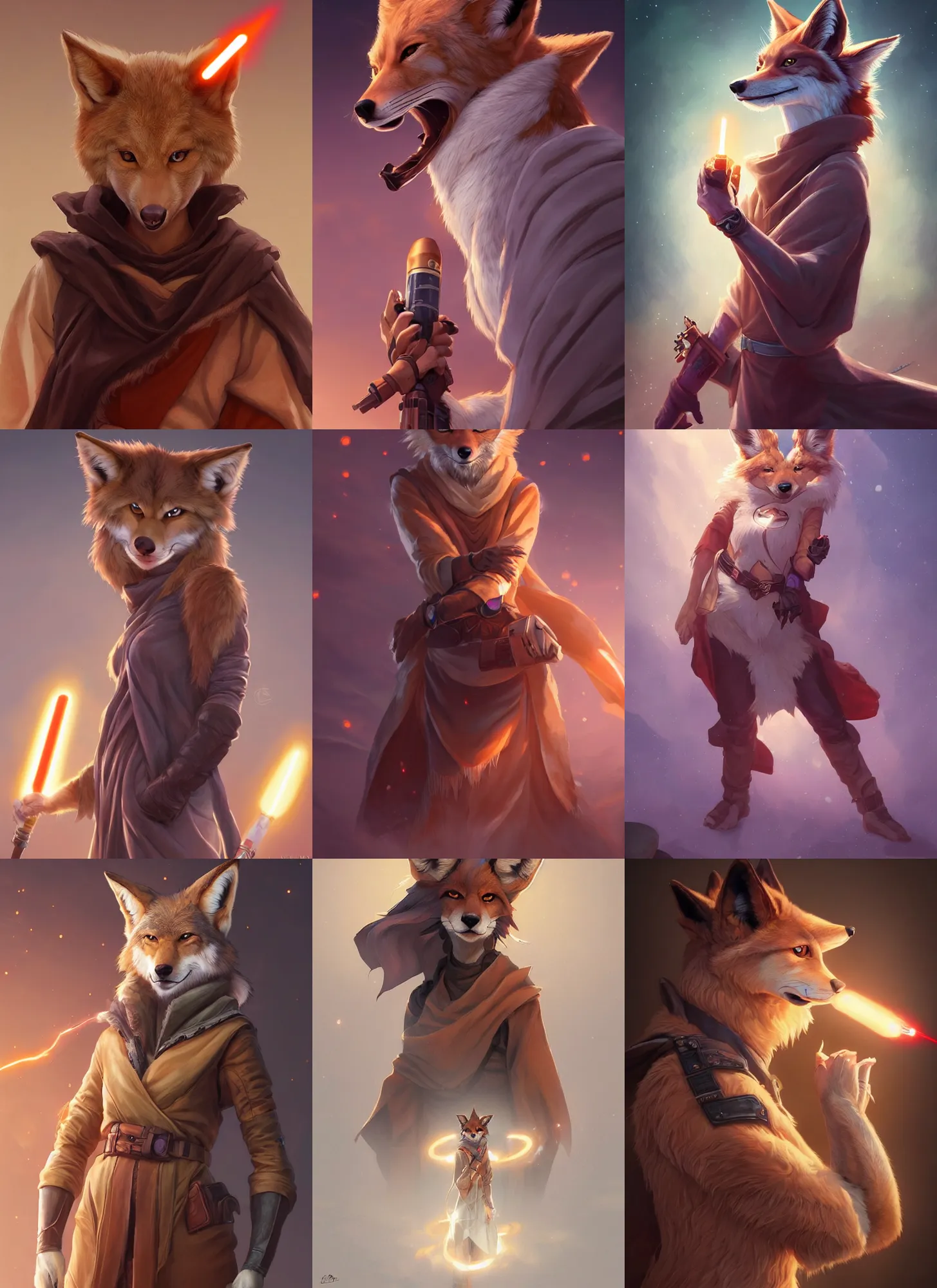 Prompt: beautiful portrait of a female anthropomorphic coyote fursona wearing jedi robes with dynamite. detailed hands. character design by charlie bowater, ross tran, artgerm, and makoto shinkai, detailed, soft lighting, rendered in octane