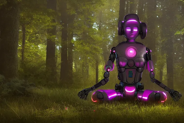 Prompt: a cute robot girl meditating in the forest, astral, synthwave, realism, 8 k