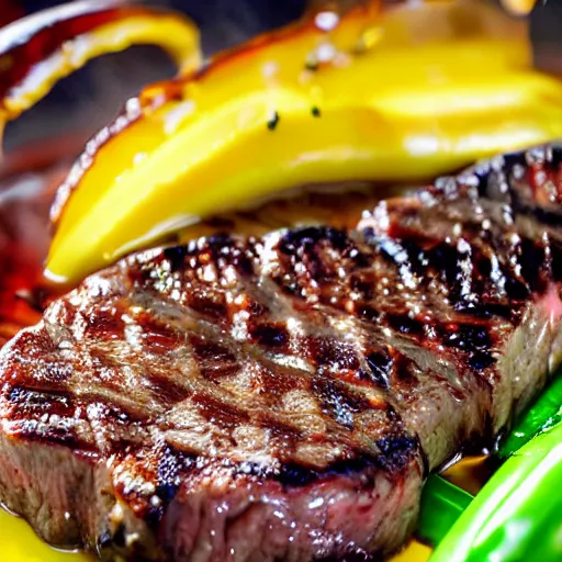 Prompt: Steak sizzling on a barbecue, closeup, ultra high detail