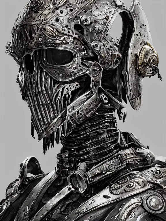 Prompt: portrait art of 8k ultra realistic undead knight, detailed intricate ornate armour,decaying, cybernetic, full of colour, cinematic lighting, battered, trending on artstation, 4k, hyperrealistic, focused, extreme details,unreal engine 5, cinematic, masterpiece, art by ayami kojima, giger