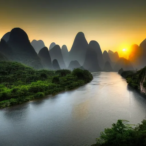 Image similar to a beautiful HDR photograph of the Li River in Southern China at sunset, saturated orange tone, award-winning photograph