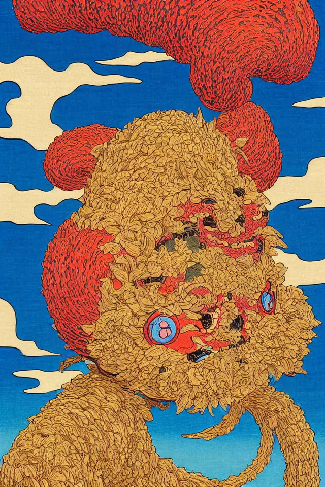 Image similar to an ukiyo - e painting of an intricate cute colorful fluffy dmt desert monster mask made out of burlap and coconut fiber, portal, floating in space, perfect lighting, in colorful marker pen, by kokaris, naoto hattori, moebius and android jones