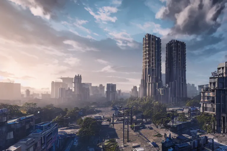 Image similar to streetscape, a towering cathedral of brutalist architecture, buildings covered with greebles, stunning volumetric light, sunset, metal, concrete and translucent material, stunning skies, majestic landscape, trending on Artstation, 8k, photorealistic, hyper detailed, unreal engine 5, IMAX quality, cinematic, epic lighting, in the style of Greg Rutkowski