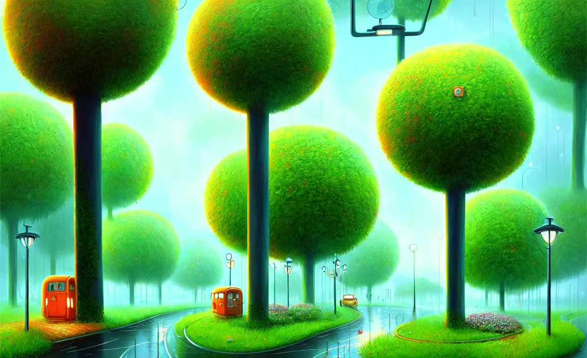 Prompt: Beautiful city of the future, overgrown with trees and plants. Raining at night with light pole illuminate the patch, Nice colour scheme, warm colour. Beautiful artistic digital artwork by artist Lurid. (2022), Gediminas Pranckevicius