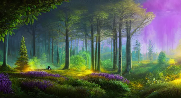 Image similar to A professional digital landscape painting of The Feywild forests overlooking a mansion, painted by Terese Nielsen, 4k, digital art, highly detailed, upper body shot, shallow depth of field, purple and yellow lighting, professional lighting, airbrush,