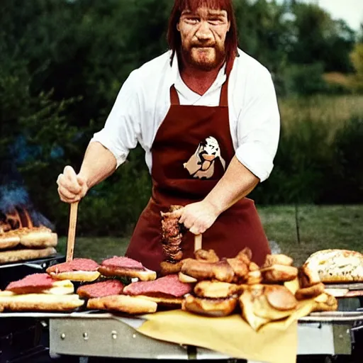 Image similar to candid photo of conan the barbarian flipping burger on a barbecue. he is wearing an apron with unicorn drawing, and a tutu. photo by annie leibovitz