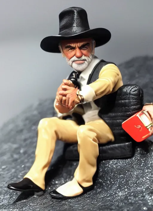 Prompt: 8 0 mm resin detailed miniature of sean connery lounging wearing a hat and a louis vuitton purse, product introduction photos, 4 k, full body, head to toe included