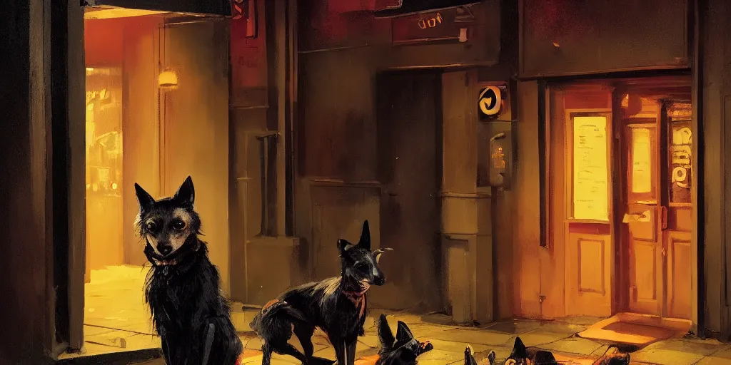 Prompt: a lady dog is waiting at the door of a jazz club, warm color palette, night time, dramatic lighting, noir film, character sheet, fine details, high contrast, blacksad, kim jung gi, greg rutkowski, trending on artstation, 8 k, front view, back view, ultra wide angle
