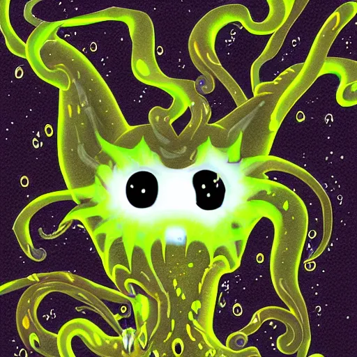 Prompt: a digital painting of lovecraftian ink slime cat with yellow glowing eyes