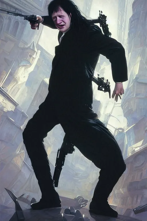 Image similar to Boris Johnson as Neo from Matrix in shades stoping bullets, Boris Johnson hairstyle, full body realistic portrait, highly detailed, muscular body, digital painting, artstation, concept art, smooth, sharp focus, illustration, cinematic lighting, art by artgerm and greg rutkowski and alphonse mucha