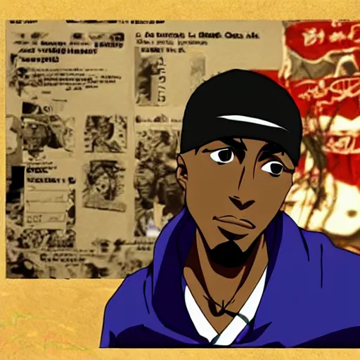 Image similar to Tupac Shakur, screenshot from a 2012s anime